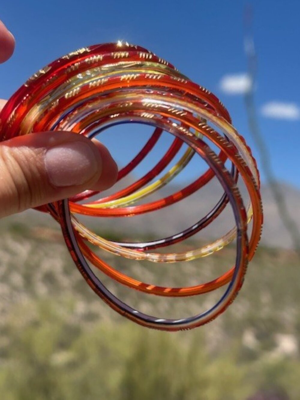 8 GLASS Thin RED/YELLOW/ORANGE Gold Accented BANGLE BRACELETS
